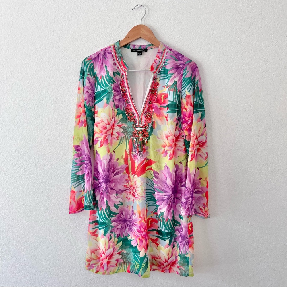 Boston Proper Tropical Floral Beaded Embellished Tunic Dress Sz M